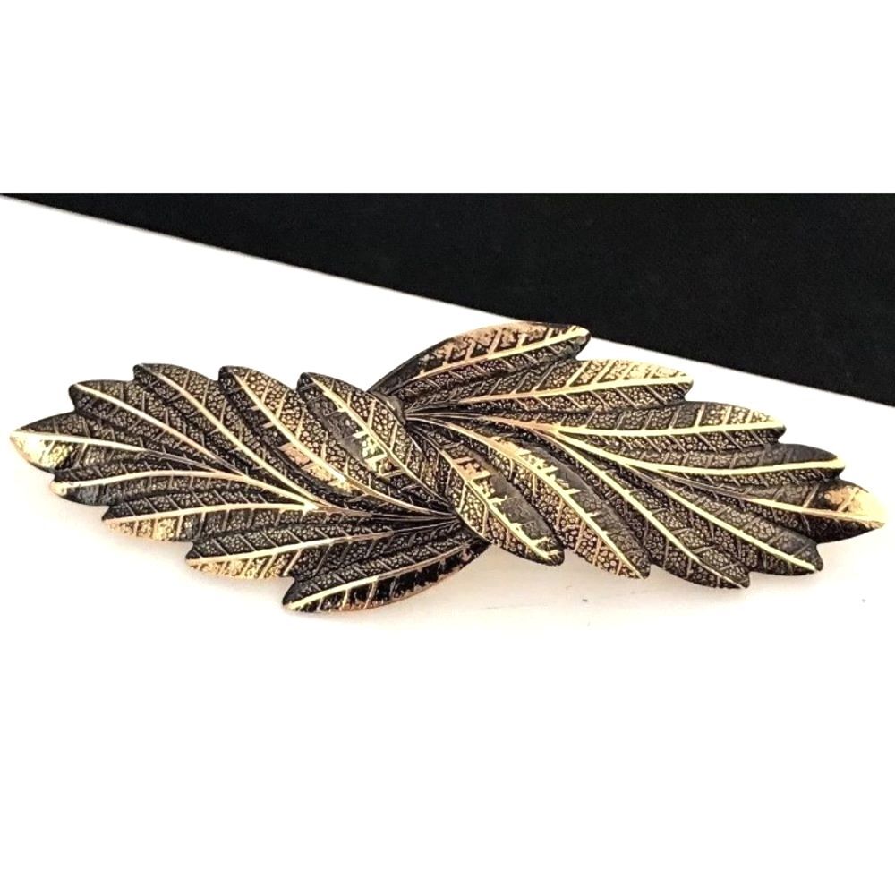 Vintage 1970s Hair Barrette Gold Tone Leaf Design Textured Clip - 13D